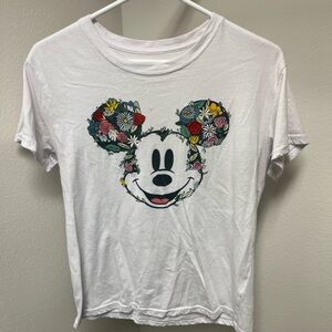 White T-Shirt with Mickey Mouse Floral Design